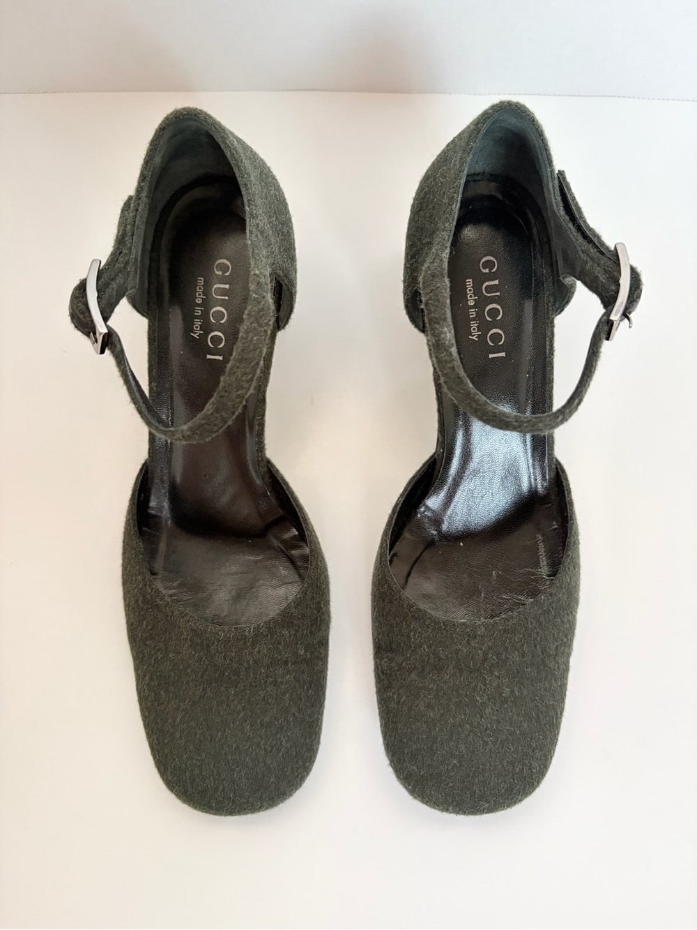 Gucci Mary Jane Pumps Vintage Ankle Strap Block Heel Wool Dark Green Size 38.5C - Picture 10 of 16